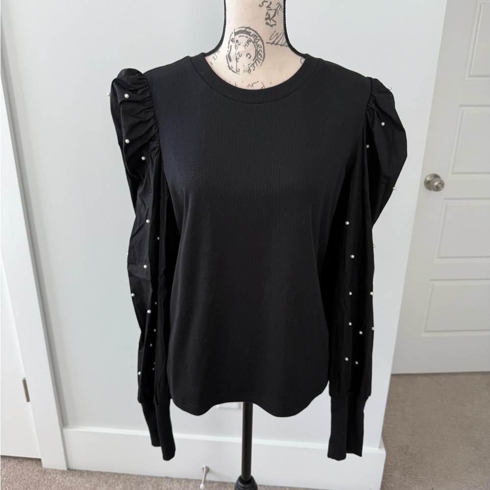 Dolan Black Women's Blouse with Puff Sleeves and Pearl Accents